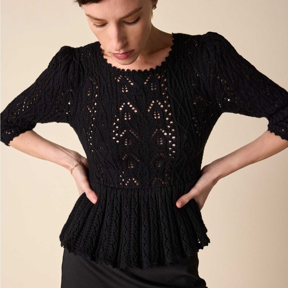 NWT St.Roche Filigree Floral Knit Crochet Sweater Peplum Pullover Top Black S - Picture 5 of 13
